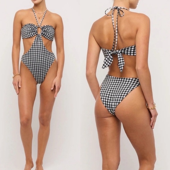 Mara Hoffman Blanca Cut Out One Piece Swimsuit in Gingham Print Sz XLarge NWT - Picture 1 of 12
